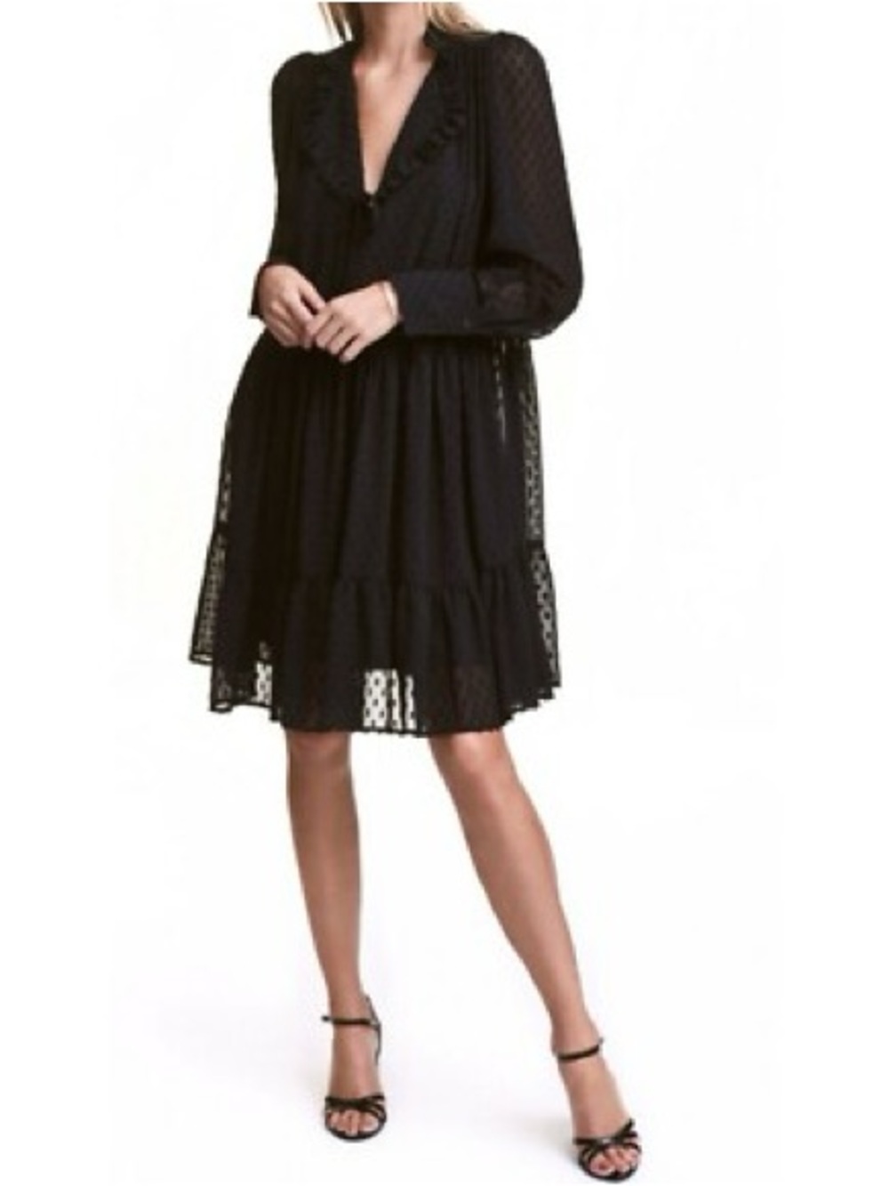 Flirty Black Ruffled Coquette Goth Swiss Dot Dress Sz 4 Oversized